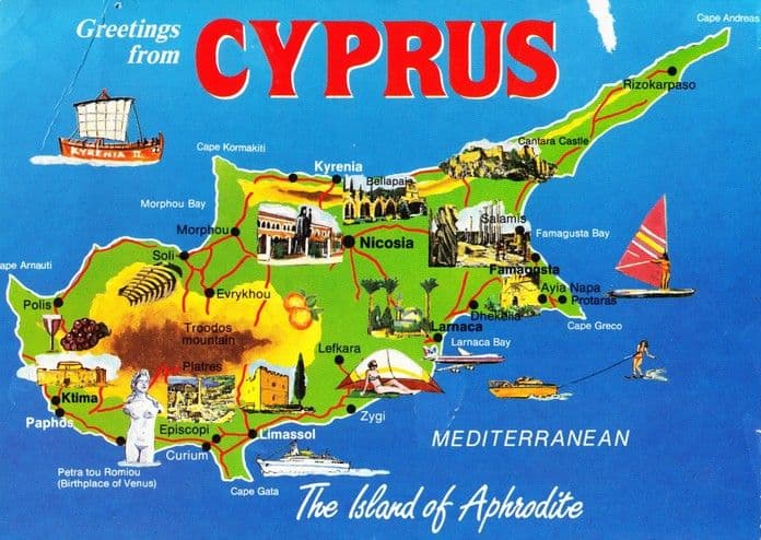 Greetings from Cyprus - Tourist map showing major destinations including Paphos, Limassol, Larnaca, Nicosia, Kyrenia, and Famagusta