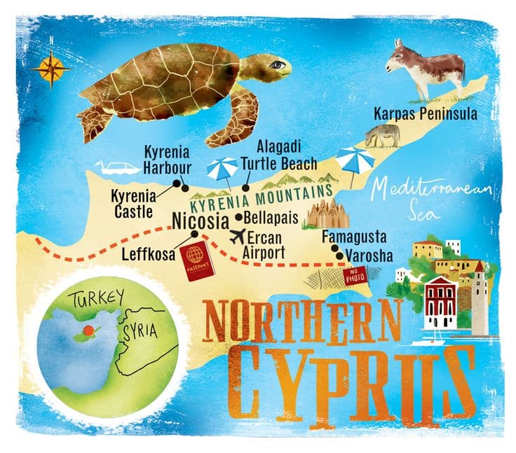 Northern Cyprus Map showing service coverage areas including Kyrenia, Nicosia, Famagusta, and Karpaz Peninsula